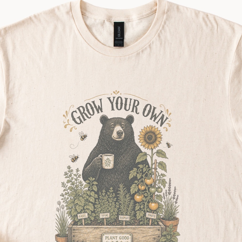 Bear Garden Graphic Tee Botanical Illustration Vintage Style Natural